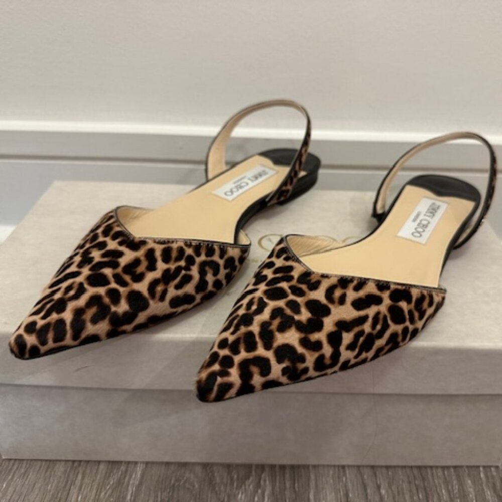 Jimmy Choo Thandi Leopard Calf Hair Flats Sz 38.5